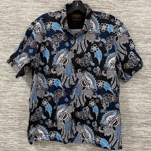 Manzone XXL Comfort Fit Short Sleeve Shirt With Blue & Black Batik Lion Dance - Picture 1 of 6